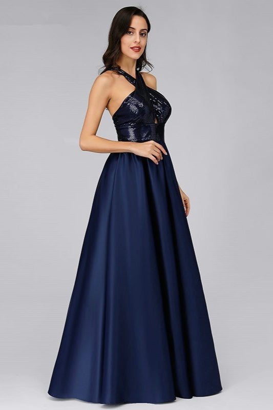 Navy Halter Sequins Prom Dress Long A-Line Evening Gown-BallBride