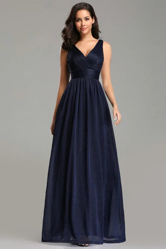 Navy Stunning V-Neck Sleeveless Long Evening Prom Dress-BallBride