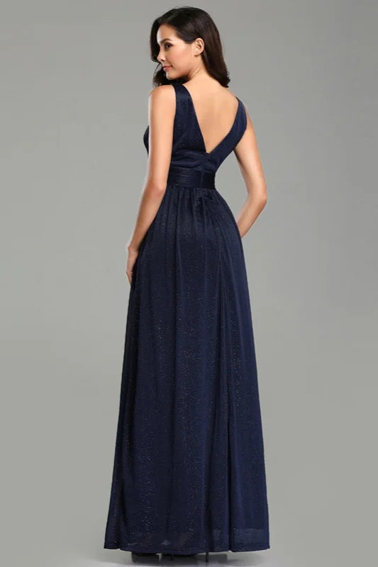 Navy Stunning V-Neck Sleeveless Long Evening Prom Dress-BallBride