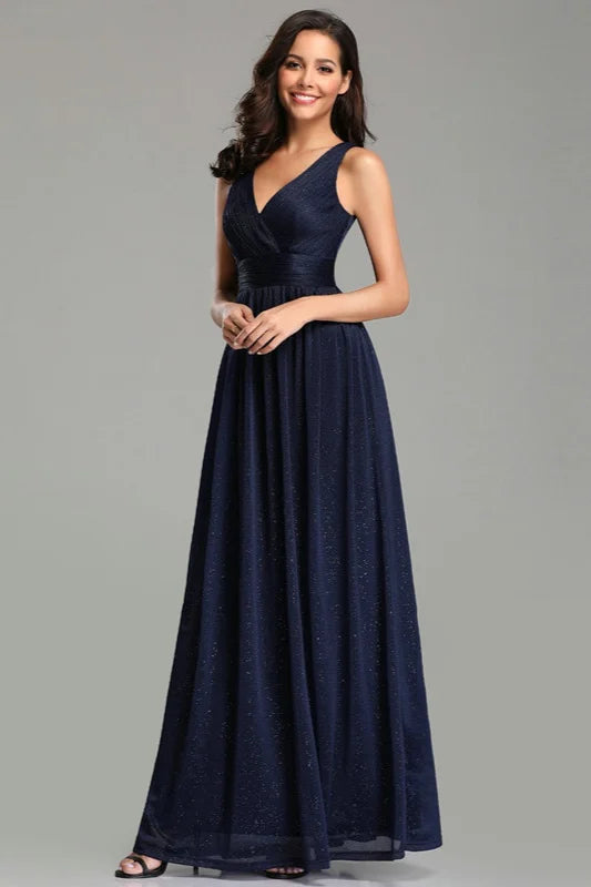 Navy Stunning V-Neck Sleeveless Long Evening Prom Dress-BallBride