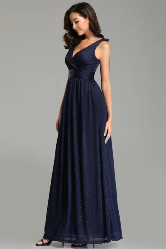 Navy Stunning V-Neck Sleeveless Long Evening Prom Dress-BallBride