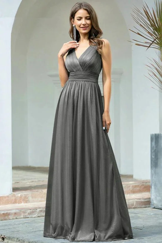 Navy Stunning V-Neck Sleeveless Long Evening Prom Dress-BallBride