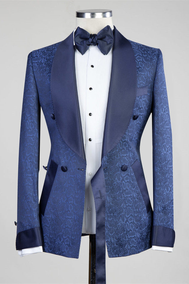Nelson Dark Navy Slim Fit Double Breasted Wedding Suits for Men-BallBride