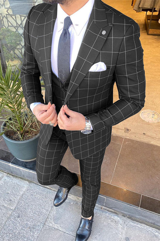New 3-Piece Plaid Peaked Lapel Suit for Men - Black-BallBride