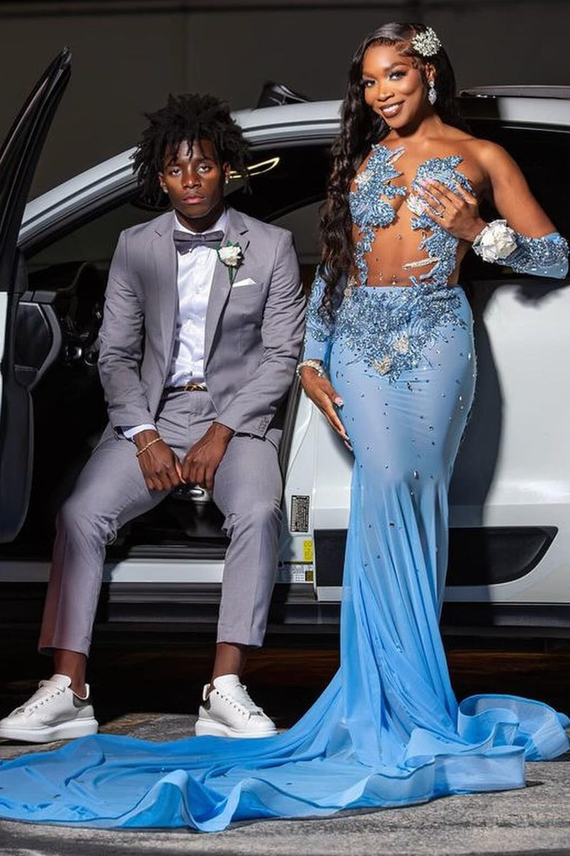 New Arrival Blue Appliques Mermaid Crystal Prom Dress-BallBride