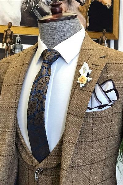 New Arrival Brown Plaid Peaked Lapel Three Pieces Busibess Suit for Archibald-BallBride
