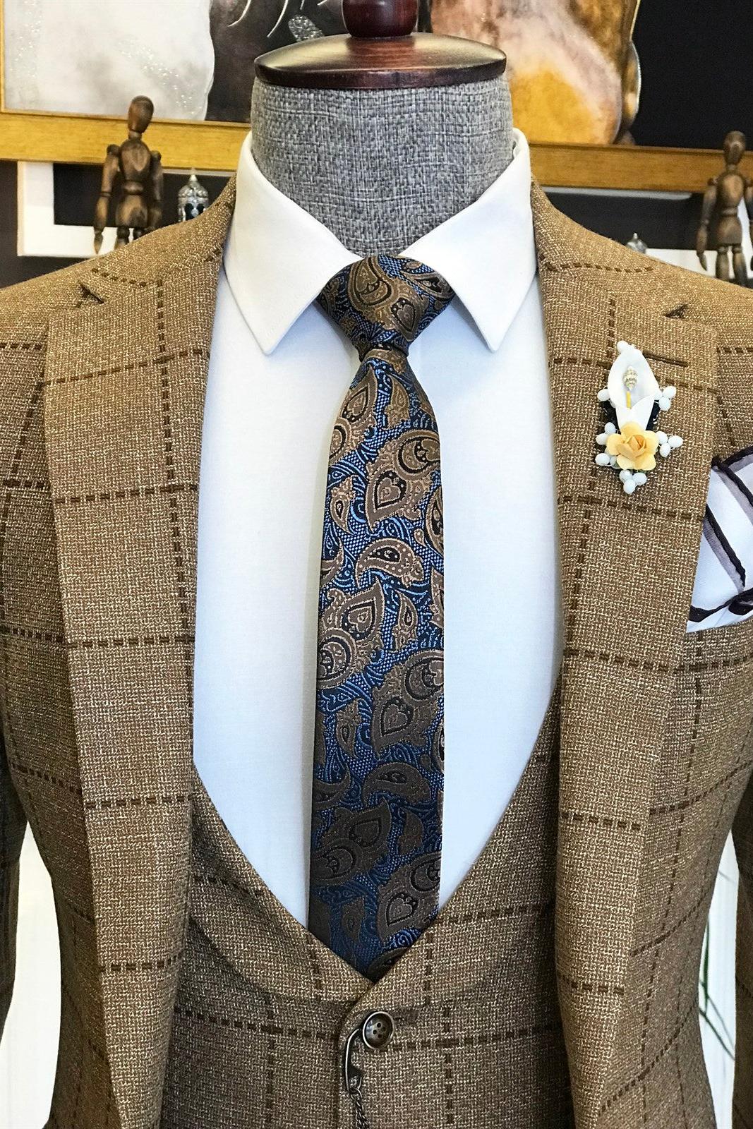 New Arrival Brown Plaid Peaked Lapel Three Pieces Busibess Suit for Archibald-BallBride