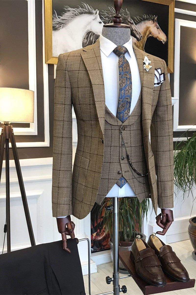 New Arrival Brown Plaid Peaked Lapel Three Pieces Busibess Suit for Archibald-BallBride