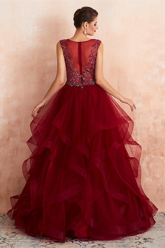 New Arrival: Burgundy V-Neck Prom Dress With Beads and Tulle Long Skirt-BallBride
