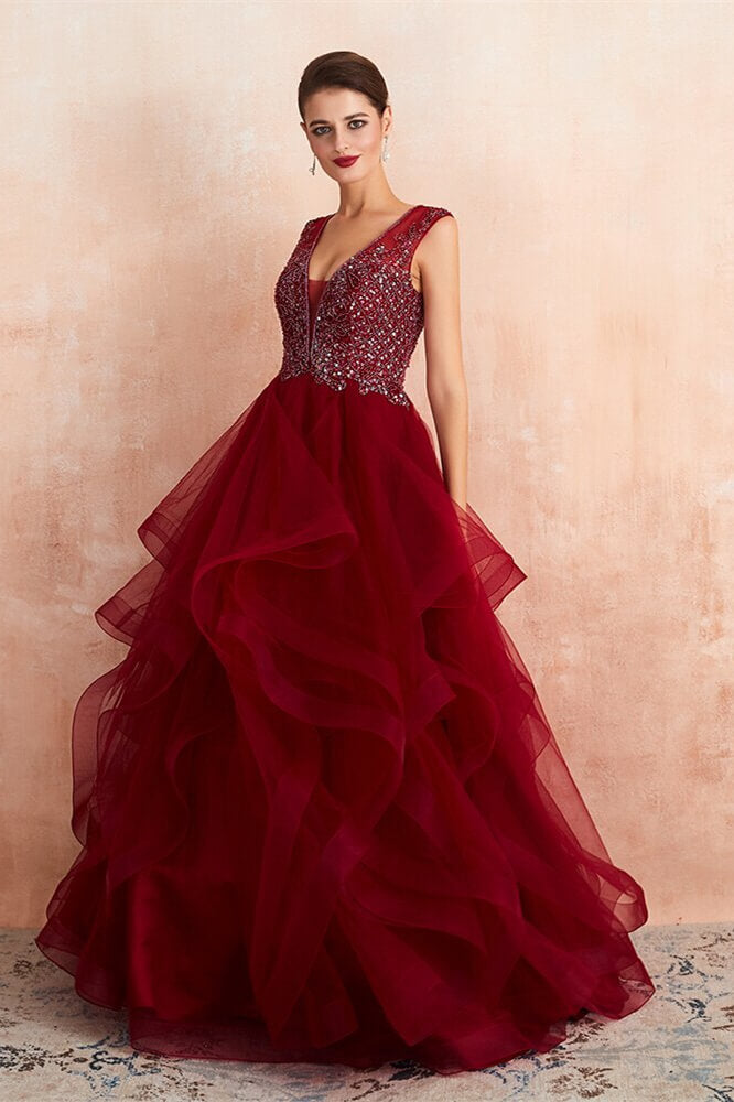 New Arrival: Burgundy V-Neck Prom Dress With Beads and Tulle Long Skirt-BallBride