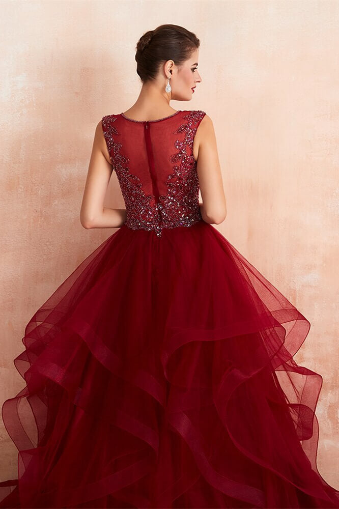 New Arrival: Burgundy V-Neck Prom Dress With Beads and Tulle Long Skirt-BallBride