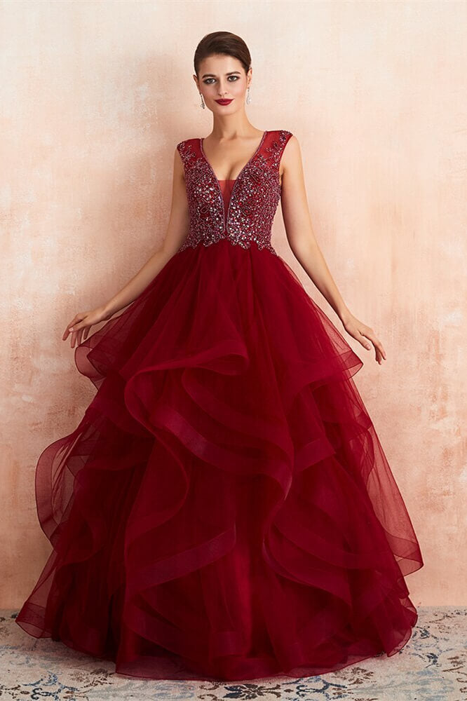 New Arrival: Burgundy V-Neck Prom Dress With Beads and Tulle Long Skirt-BallBride