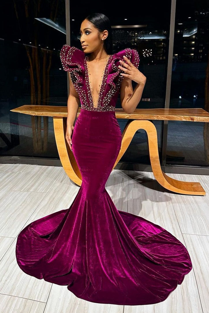 New Arrival Burgundy Velvet Mermaid Sleeveless Prom Dress with Beads-BallBride