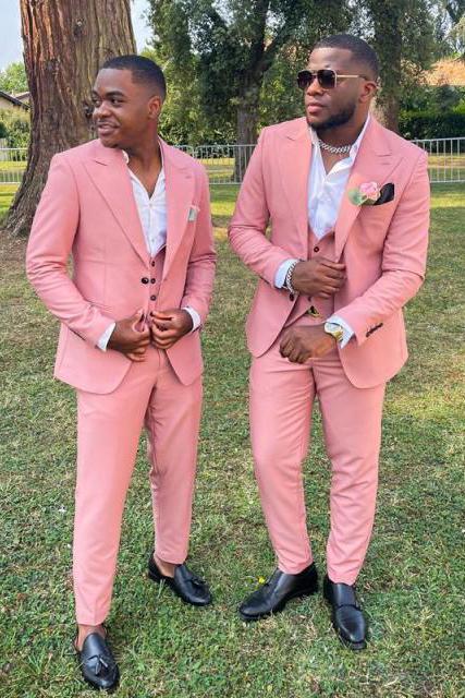 New Arrival Christopher Pink Three Piece Peaked Lapel Groomsmen Suits-BallBride