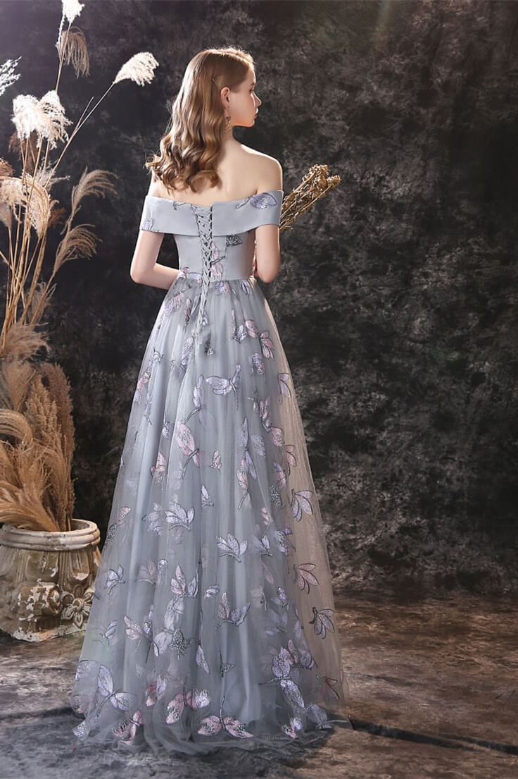 New Arrival Dusty Blue Long Tulle Prom Dress with Butterfly Sequins and Lace Up-BallBride