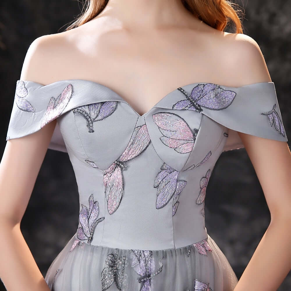 New Arrival Dusty Blue Long Tulle Prom Dress with Butterfly Sequins and Lace Up-BallBride