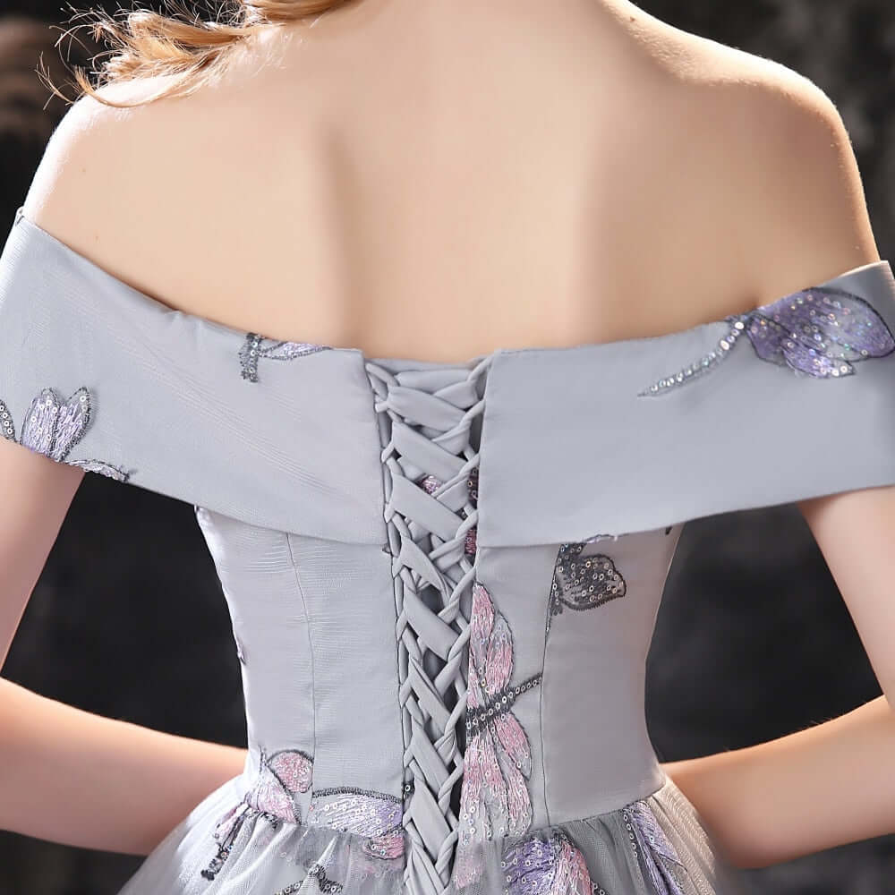 New Arrival Dusty Blue Long Tulle Prom Dress with Butterfly Sequins and Lace Up-BallBride