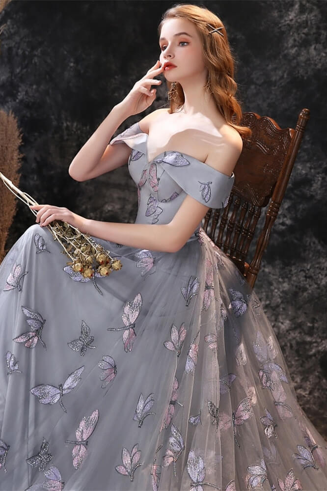 New Arrival Dusty Blue Long Tulle Prom Dress with Butterfly Sequins and Lace Up-BallBride