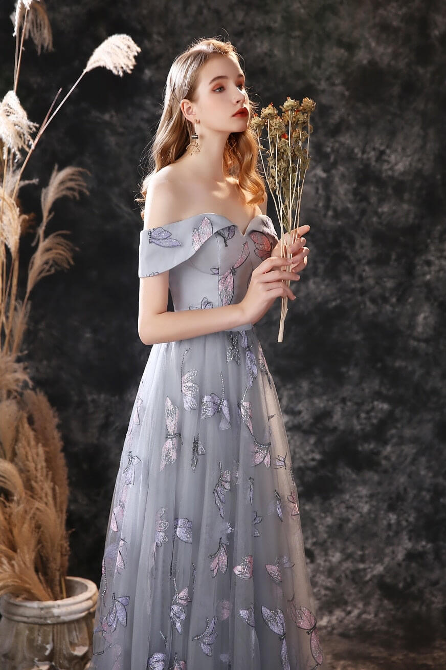 New Arrival Dusty Blue Long Tulle Prom Dress with Butterfly Sequins and Lace Up-BallBride