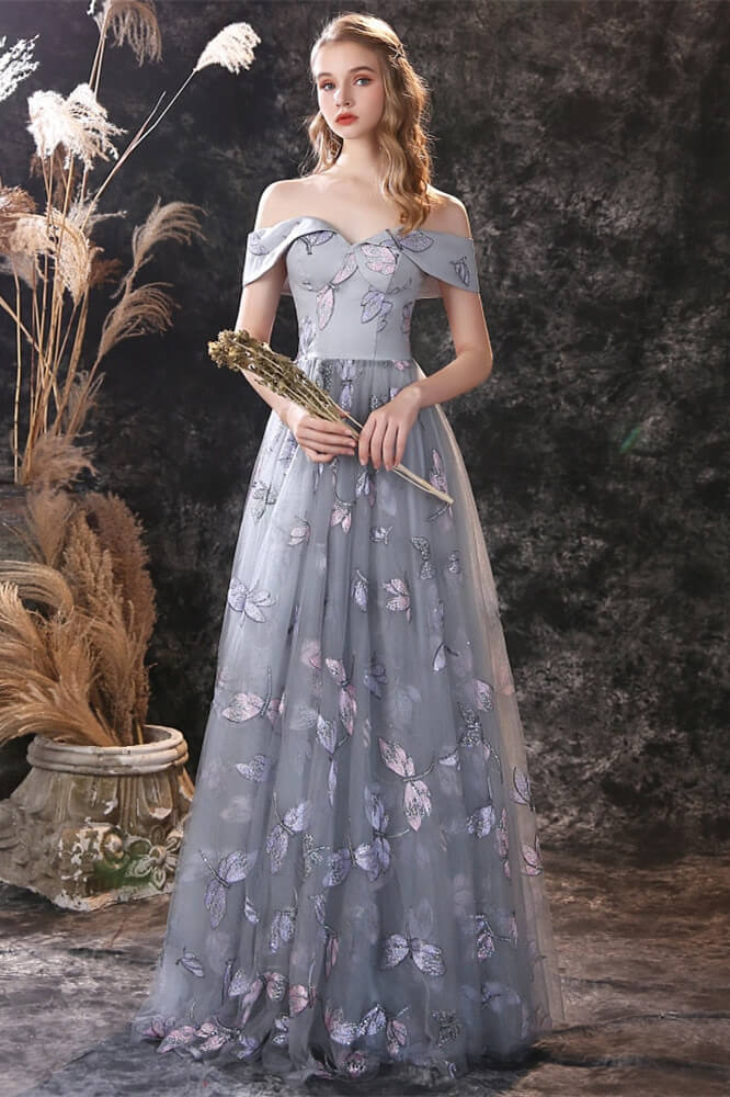 New Arrival Dusty Blue Long Tulle Prom Dress with Butterfly Sequins and Lace Up-BallBride