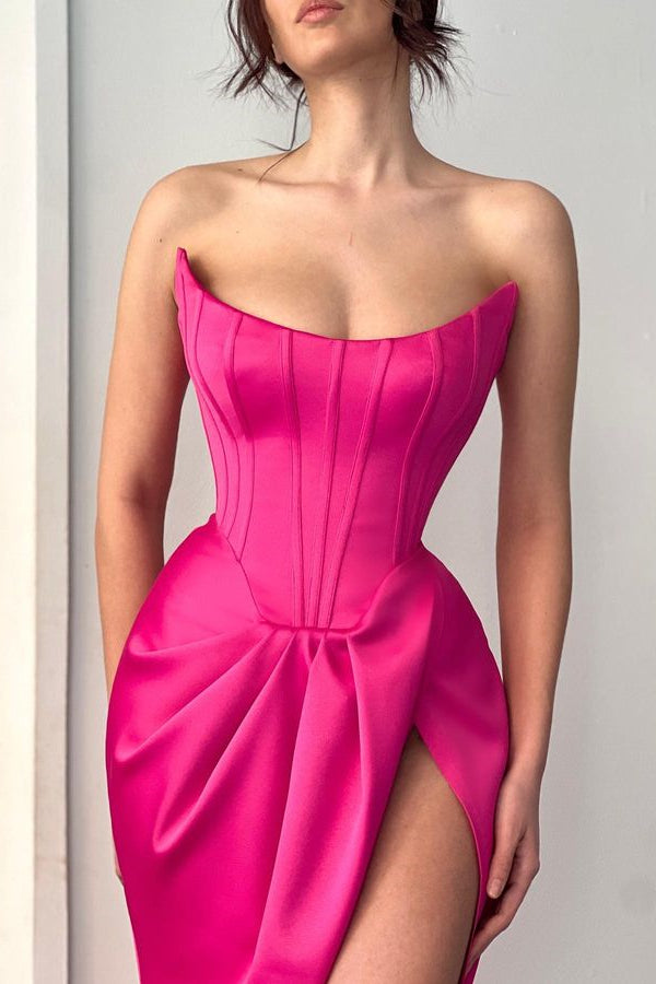 New Arrival Fuchsia Strapless Prom Dress with High Split for Mermaid Look Online-BallBride