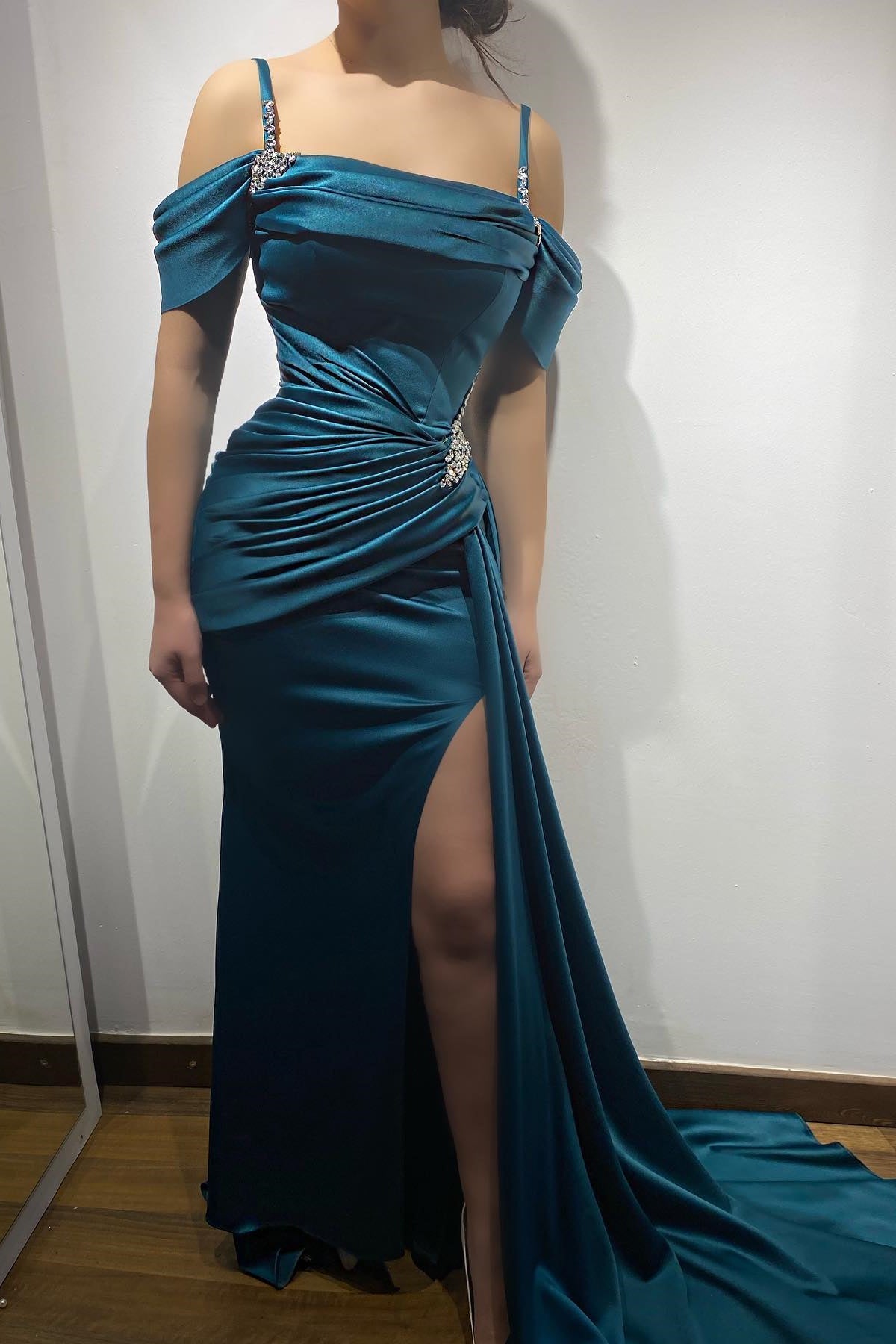 New Arrival Ink Blue Prom Dress With Split Ruffles and Beaded Spaghetti-Straps-BallBride