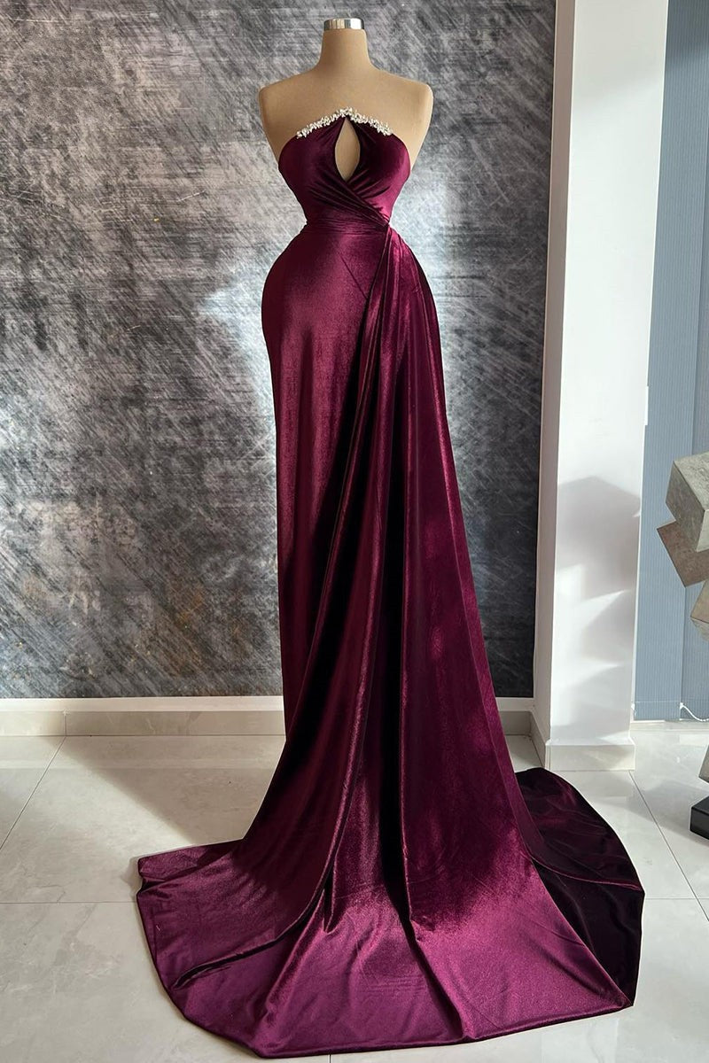 New Arrival Keyhole Long Velvet Prom Dress with Detachable Sleeves and Beads-BallBride
