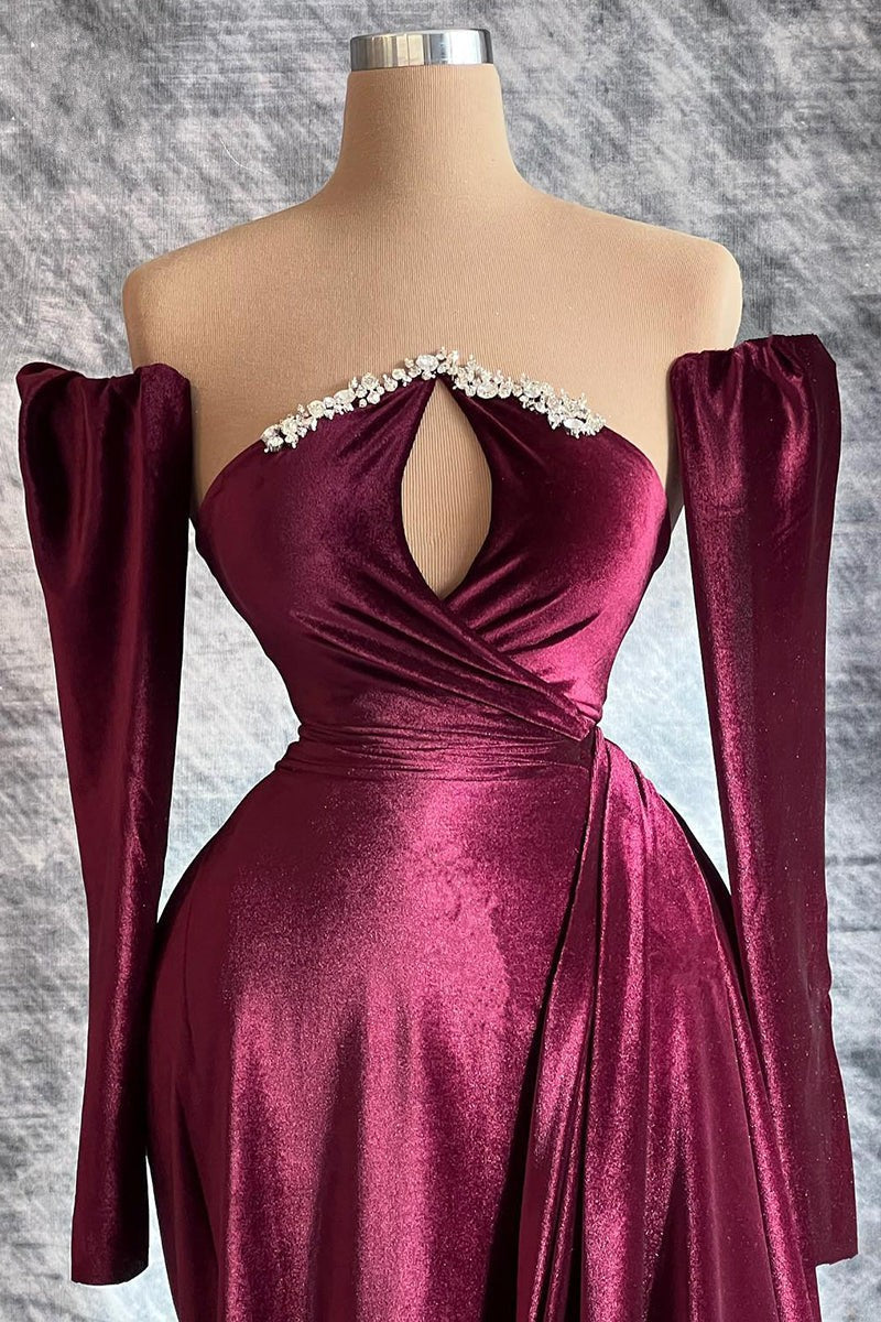 New Arrival Keyhole Long Velvet Prom Dress with Detachable Sleeves and Beads-BallBride