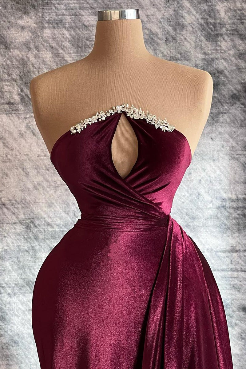 New Arrival Keyhole Long Velvet Prom Dress with Detachable Sleeves and Beads-BallBride