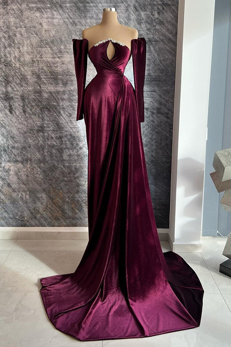 New Arrival Keyhole Long Velvet Prom Dress with Detachable Sleeves and Beads-BallBride
