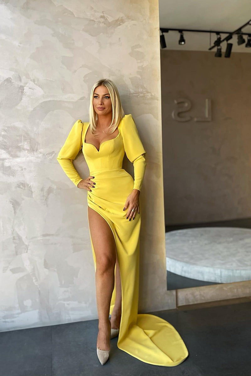 New Arrival Lemon Yellow Mermaid Prom Dress with Split Long Sleeves-BallBride