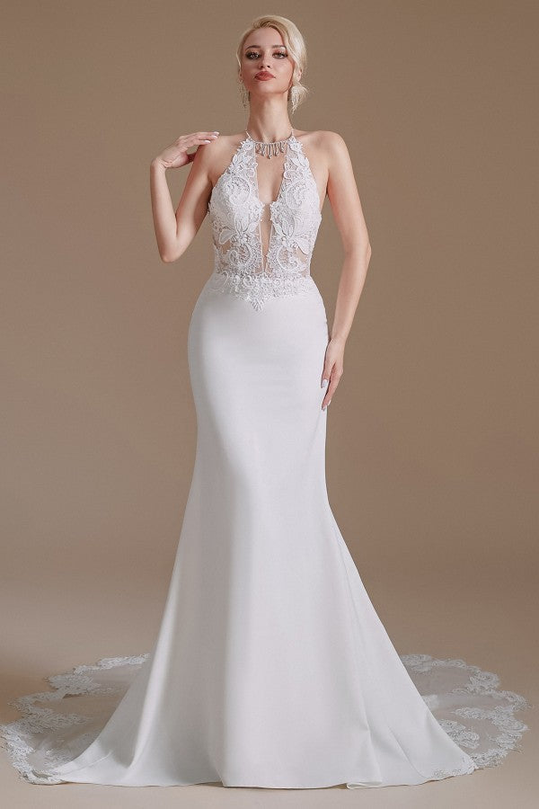 New Arrival Long Mermaid Backless Halter Wedding Dress with Lace Appliques-BallBride