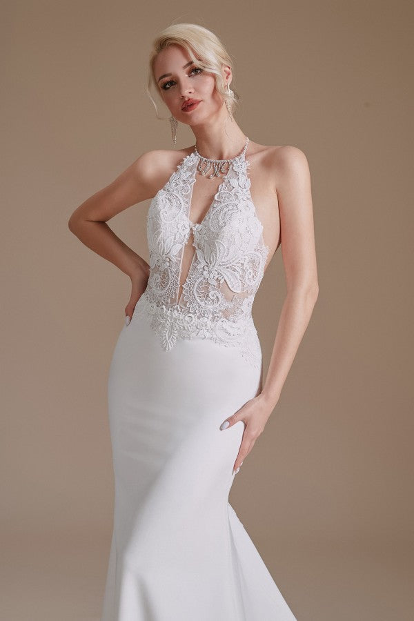 New Arrival Long Mermaid Backless Halter Wedding Dress with Lace Appliques-BallBride