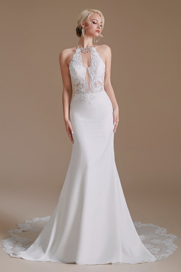 New Arrival Long Mermaid Backless Halter Wedding Dress with Lace Appliques-BallBride