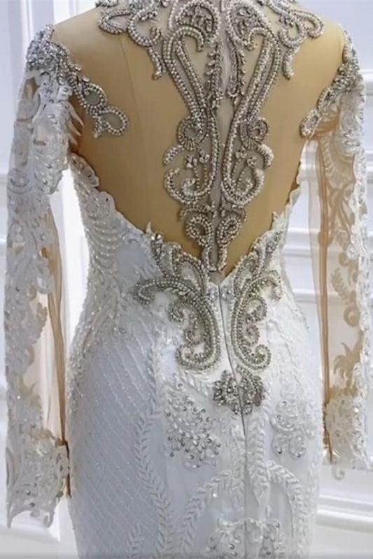 New Arrival Long Sleeves Mermaid Wedding Dress with Beadings and Appliques-BallBride