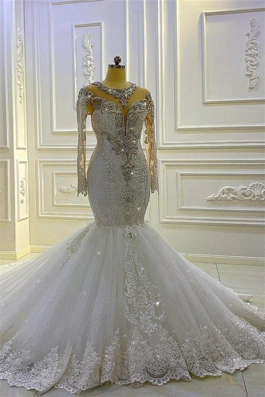 New Arrival Long Sleeves Mermaid Wedding Dress with Beadings and Appliques-BallBride