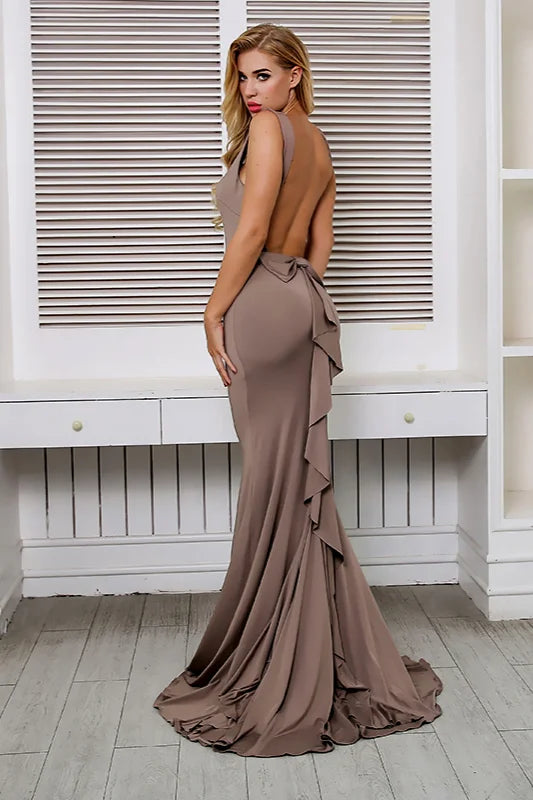 New Arrival Mermaid Backless Prom Dress Long Ruffles Evening Gowns Online-BallBride