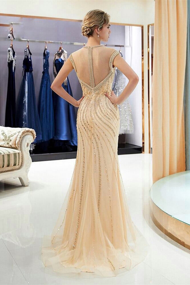 New Arrival Mermaid Prom Dress with Cap Sleeve and Beads Crystals-BallBride
