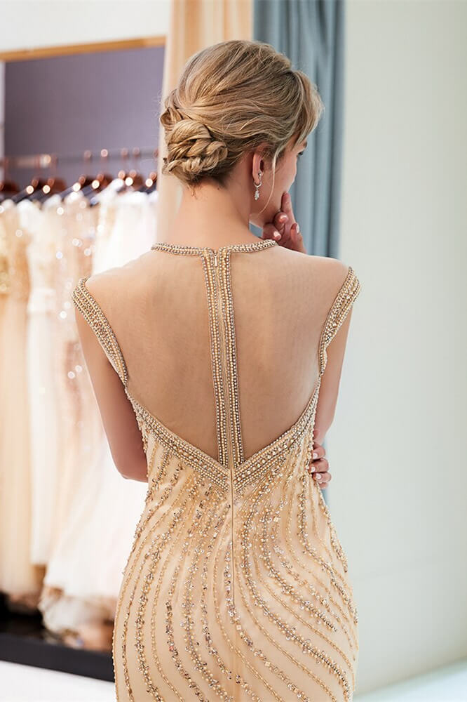 New Arrival Mermaid Prom Dress with Cap Sleeve and Beads Crystals-BallBride