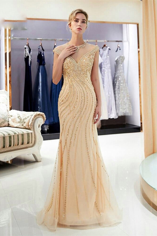 New Arrival Mermaid Prom Dress with Cap Sleeve and Beads Crystals-BallBride