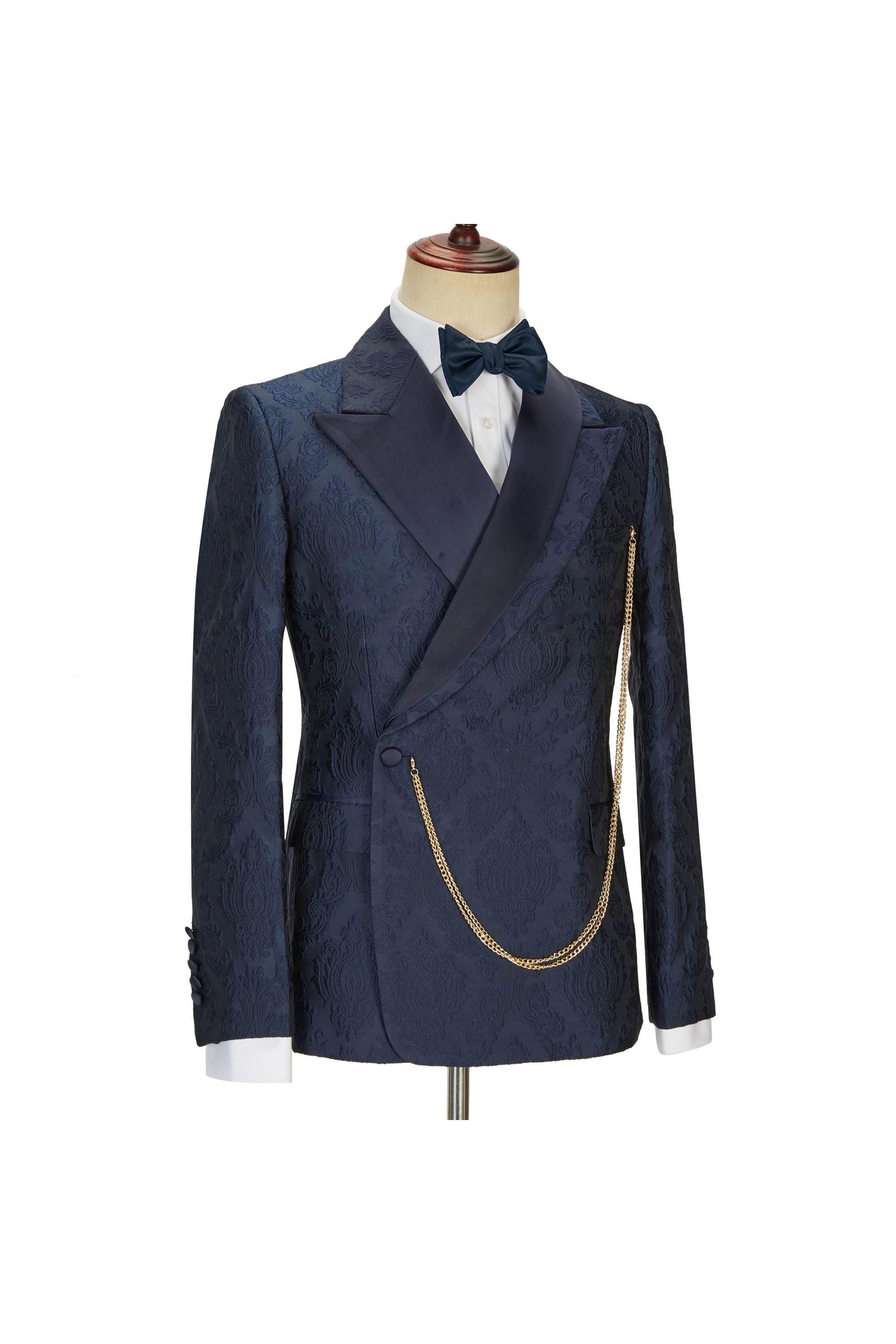 New Arrival Navy Blue Slim Fit Jacquard Peaked Lapel Wedding Suit for Men by Brandon-BallBride
