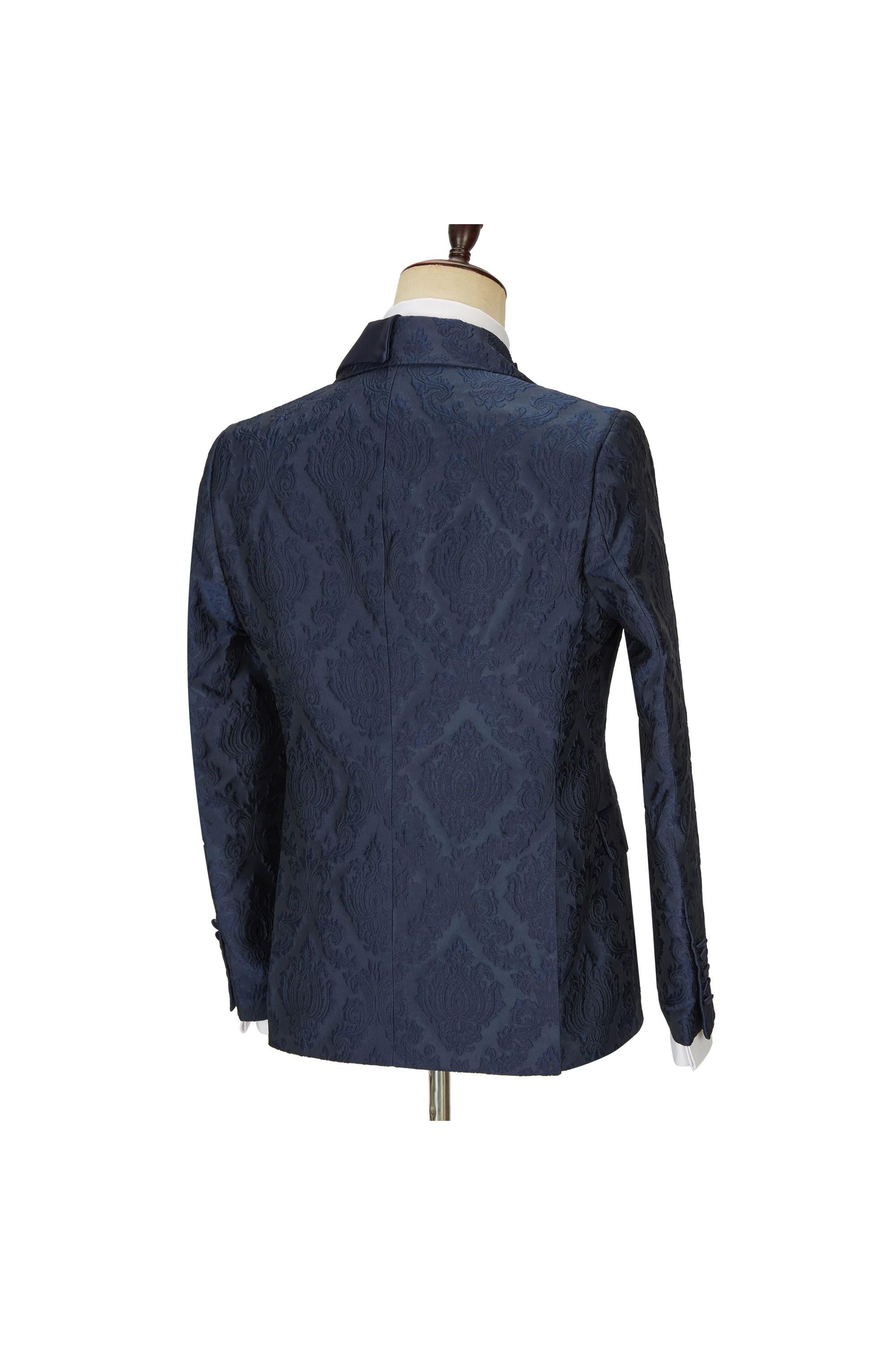 New Arrival Navy Blue Slim Fit Jacquard Peaked Lapel Wedding Suit for Men by Brandon-BallBride