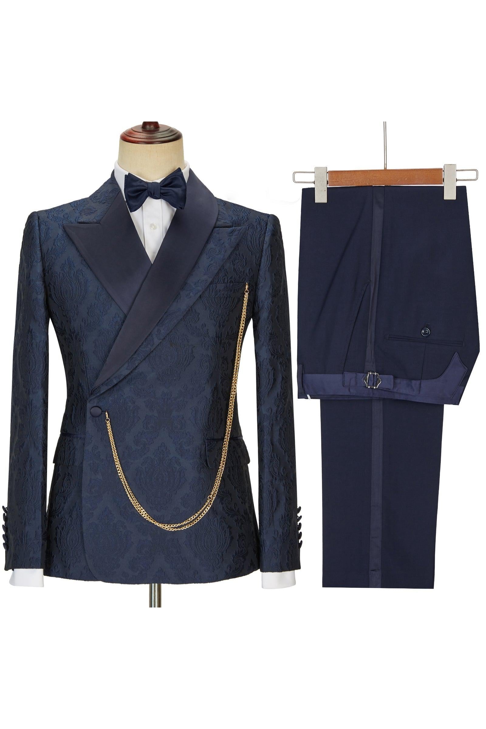 New Arrival Navy Blue Slim Fit Jacquard Peaked Lapel Wedding Suit for Men by Brandon-BallBride