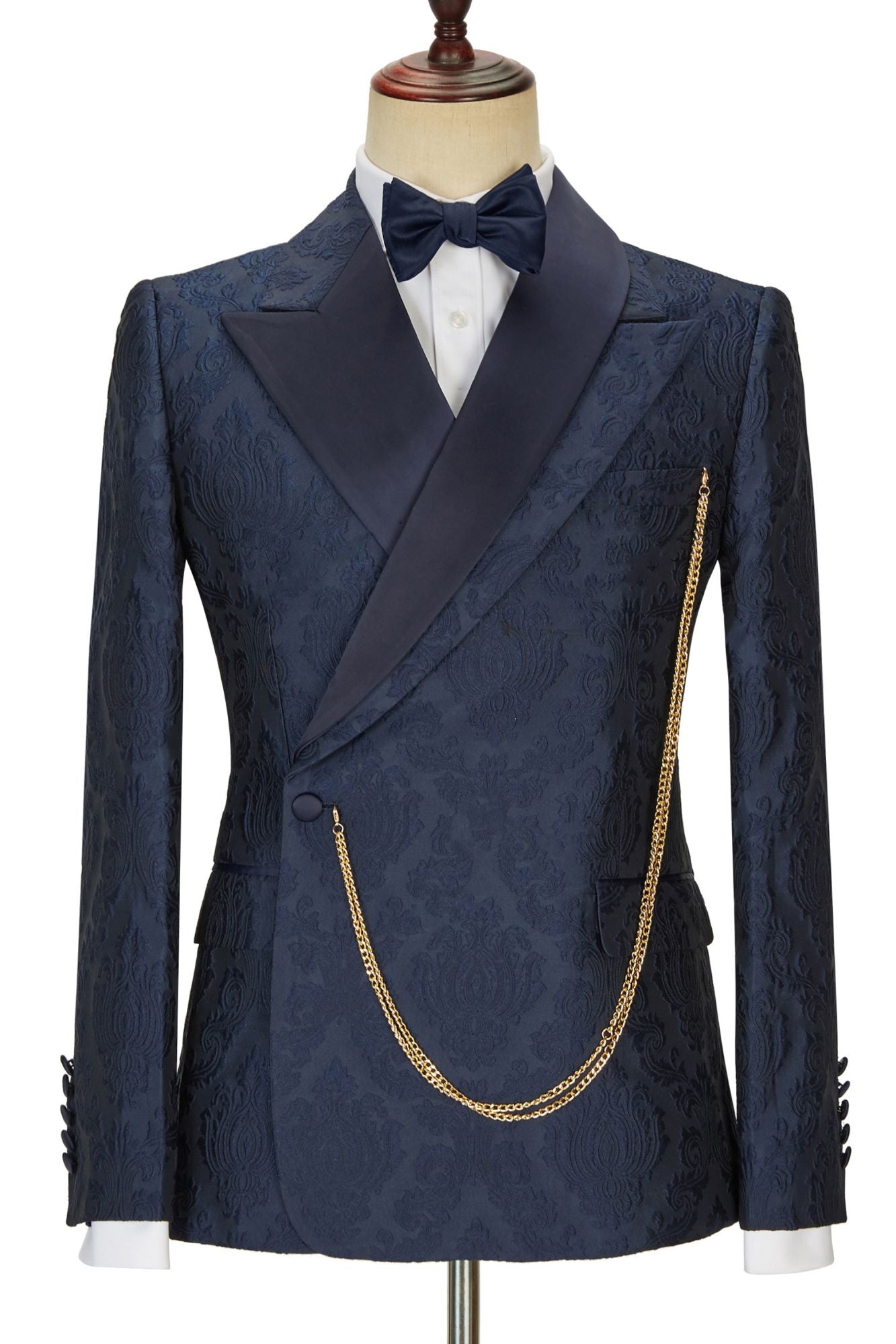 New Arrival Navy Blue Slim Fit Jacquard Peaked Lapel Wedding Suit for Men by Brandon-BallBride