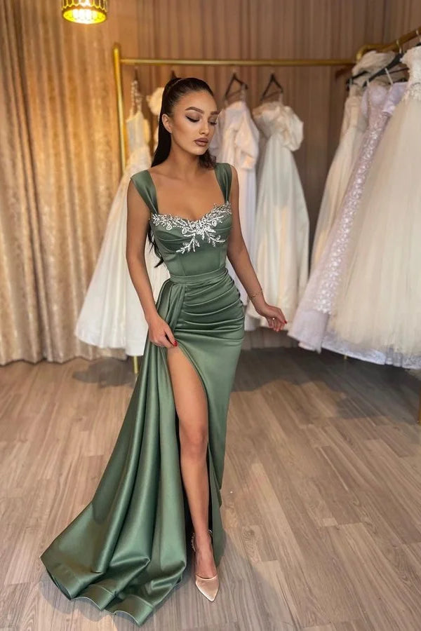 New Arrival Olive Green Straps Mermaid Evening Dress Pleats Ruffles With High Slit-BallBride