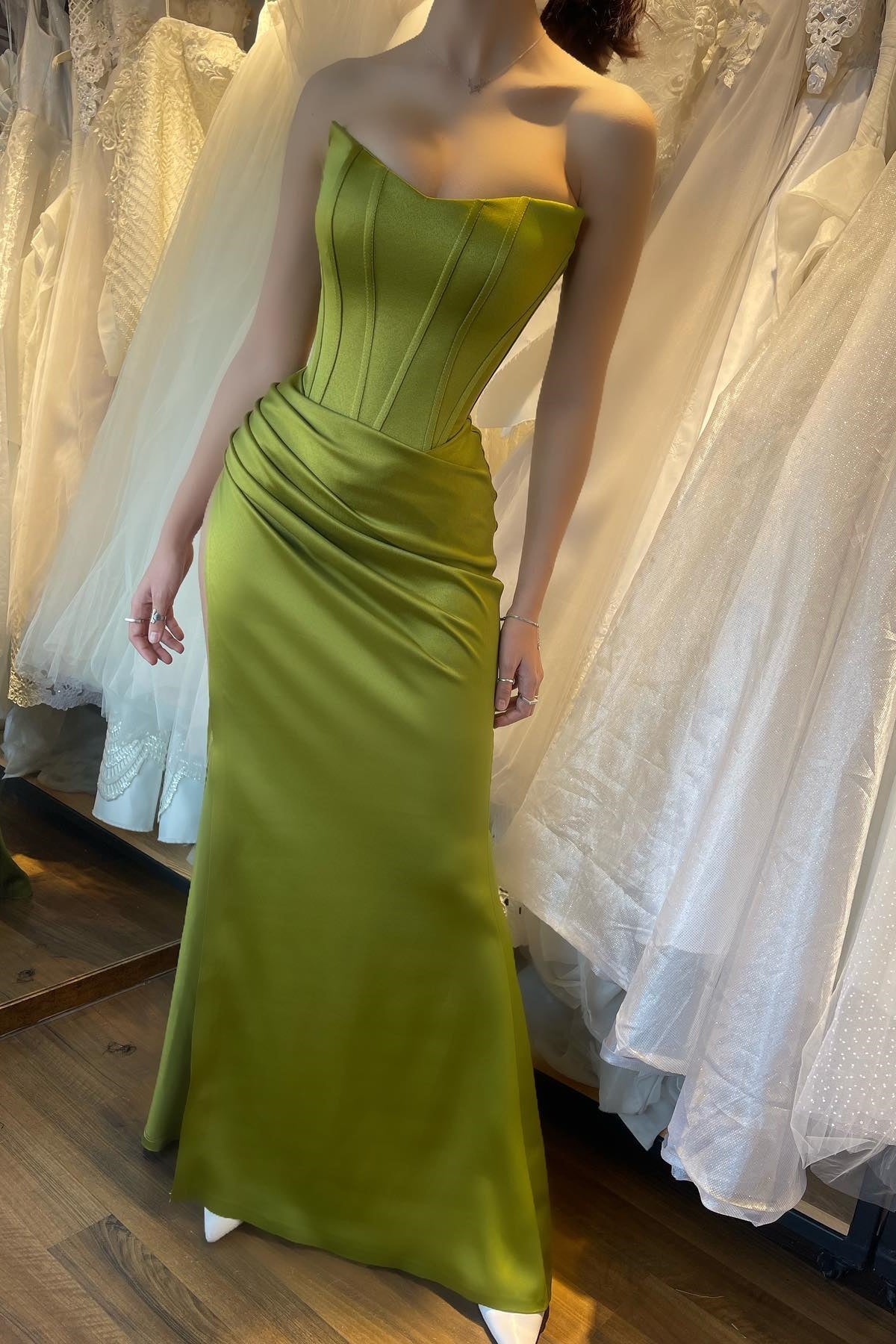New Arrival Olive Green V-Neck Mermaid Prom Dress With Split and Pleats-BallBride