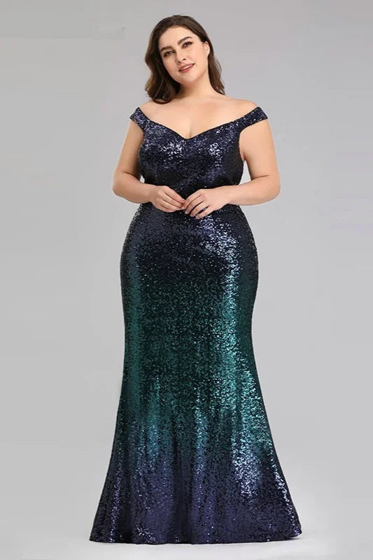 New Arrival Plus Size Prom Dress Sequins Mermaid Long Evening Gowns-BallBride