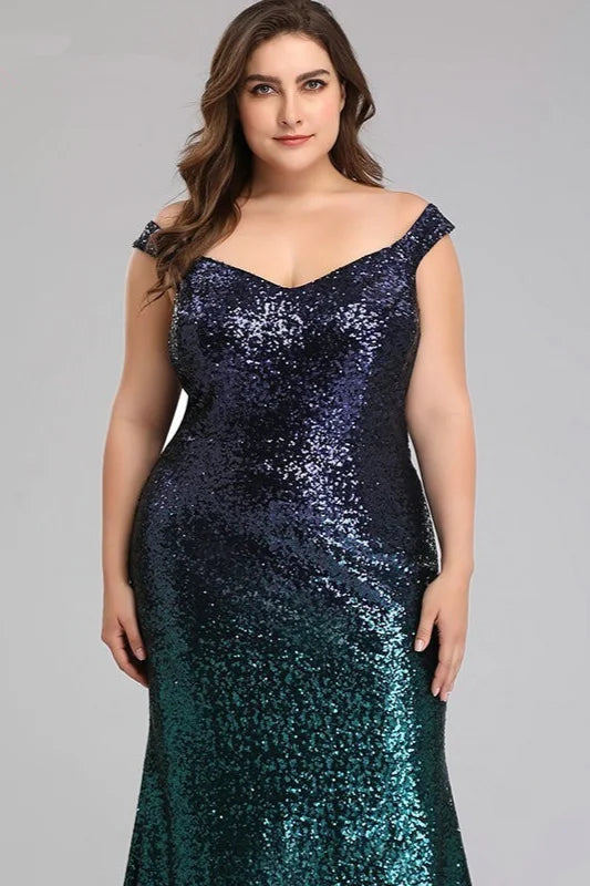 New Arrival Plus Size Prom Dress Sequins Mermaid Long Evening Gowns-BallBride