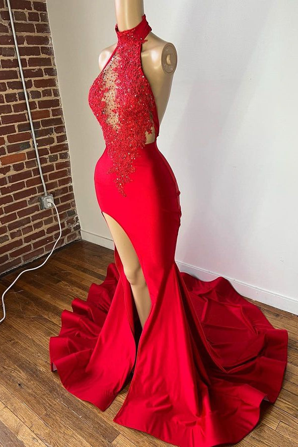 New Arrival Red High Neck Prom Dress Mermaid Slit Long With Appliques-BallBride