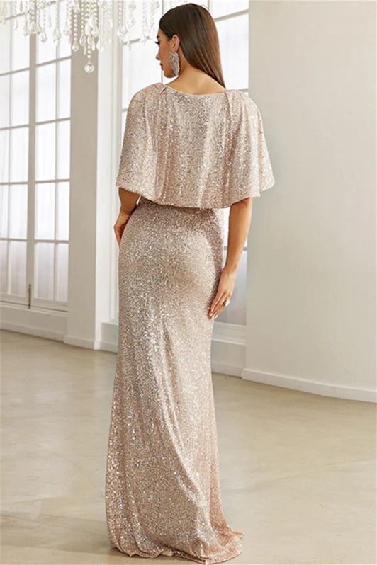 New Arrival Sequins V-Neck Mermaid Evening Dress Long With Cape-BallBride